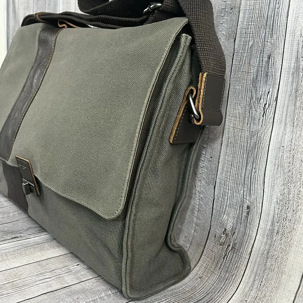 Pottery Barn Messenger Laptop Bag Bradley Leather & Canvas Taupe & Olive Bag